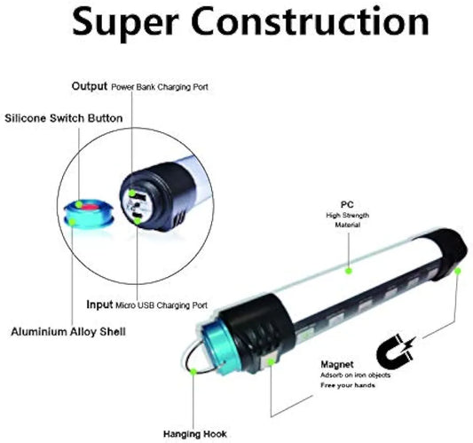 LIT-PaTH LED Work Light, Rechargeable Camping Lantern Flashlight with Magnet Base and 4400 mAh Charger for Mobile, Survival Kit for Emergency, Hurricane, Outage, Water-Proof for Outdoor, 2-Pack