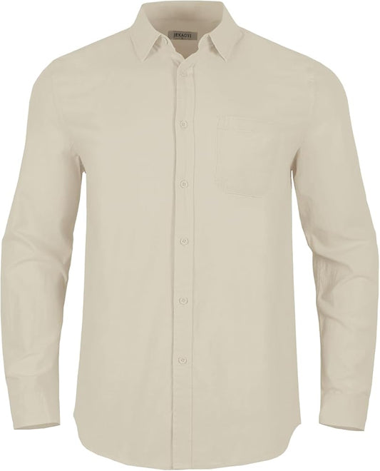 Button Down Linen Shirts for Men Casual Long Sleeve Regular Fit Cotton Beach Shirts with Pocket