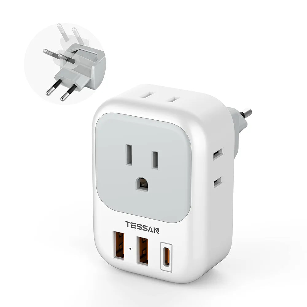 TESSAN All-in-One European Travel Adapter: Power 4 Devices Simultaneously with 4 Outlets & 3 USB Ports - Compact, Foldable, Type C Plug for EU, Spain, France, Italy, Germany, Iceland