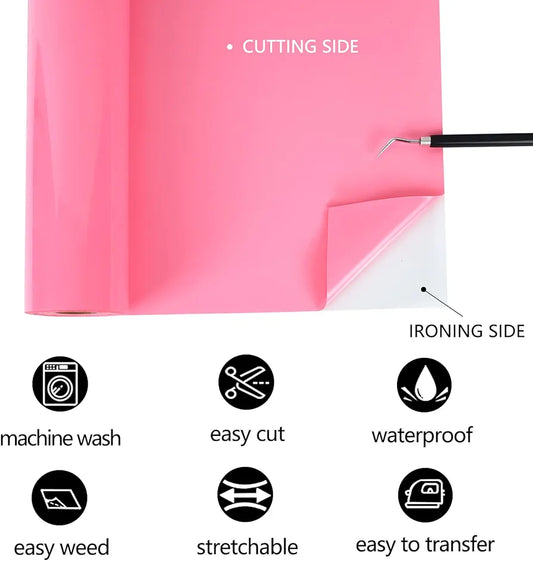 TUMIYA Pink Heat Transfer Vinyl Roll, 12 in x 8 ft Pink HTV Vinyl, Adhesive Glossy Pink Iron on Vinyl for T-Shirt