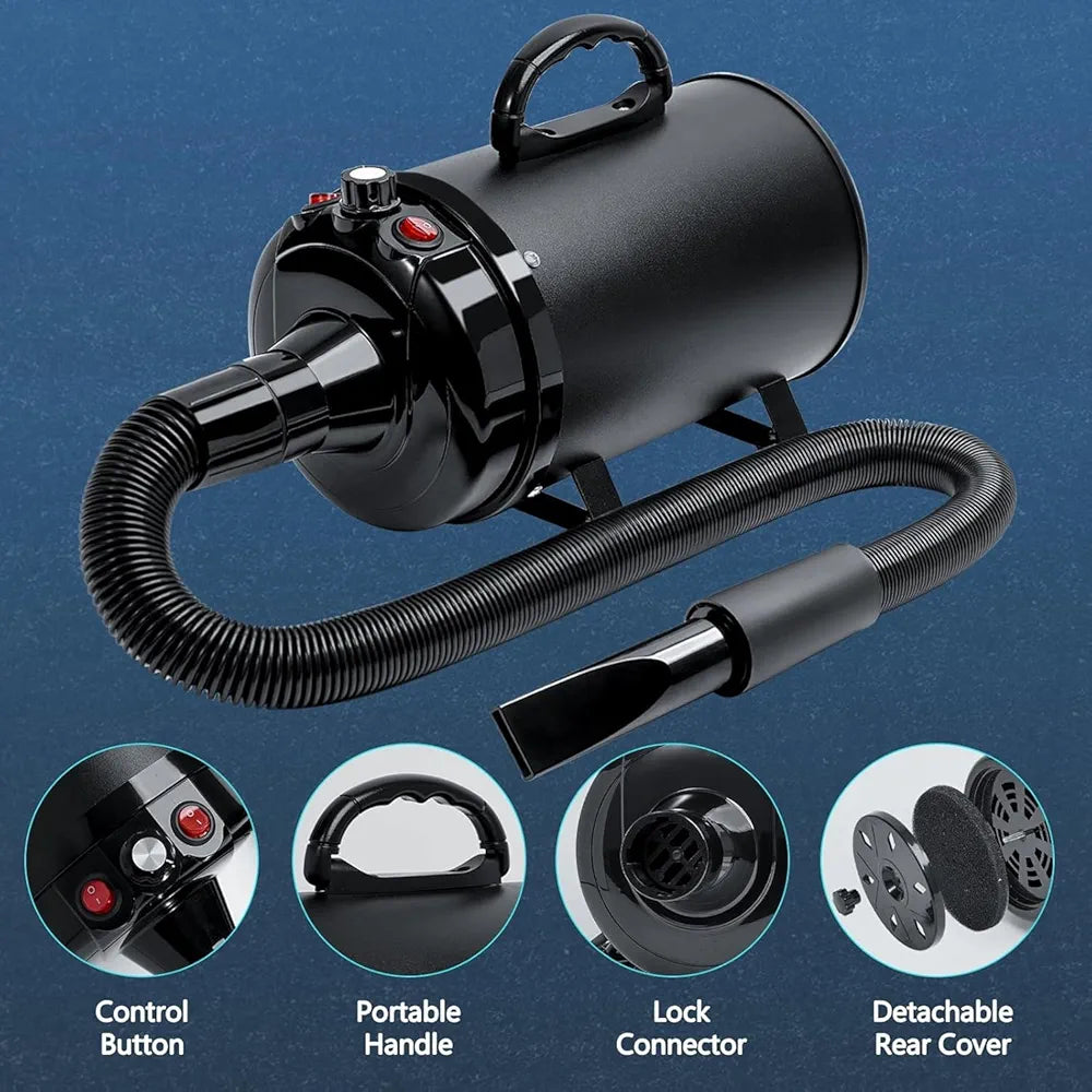 High Velocity Dog Hair Dryer 5.2HP/ 3800W Professional Dogs Blower Grooming Dryer, Adjustable Temperature and Speed Pet Dryers with 4 Nozzles and a Comb, Black