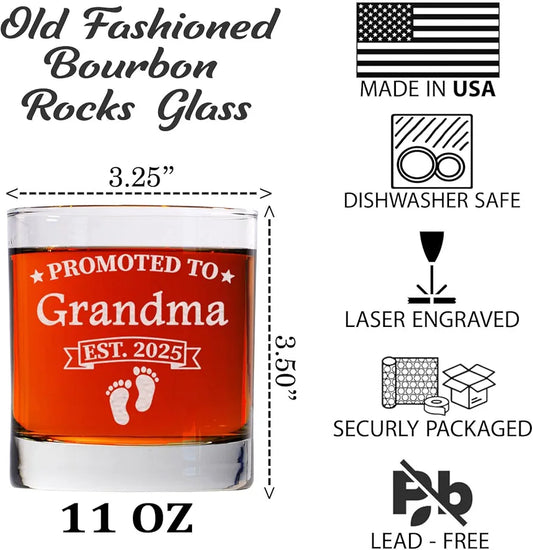 Promoted To Grandma Est 2025 Whiskey Glass – 11oz Old Fashioned Bourbon Rocks Glass – Pregnancy Announcement Gift for Mom, Future Grandma Gift, Baby Reveal Idea