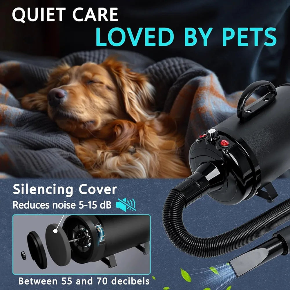 High Velocity Dog Hair Dryer 5.2HP/ 3800W Professional Dogs Blower Grooming Dryer, Adjustable Temperature and Speed Pet Dryers with 4 Nozzles and a Comb, Black