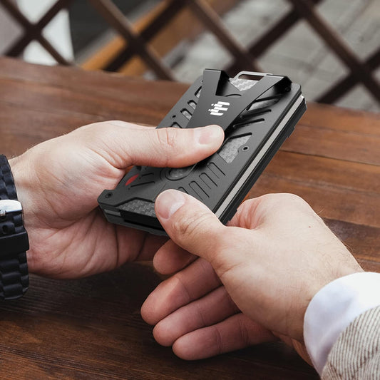 Elilier Sleek Minimalist Black Aluminum Wallet Card Holder with Cash Clip.