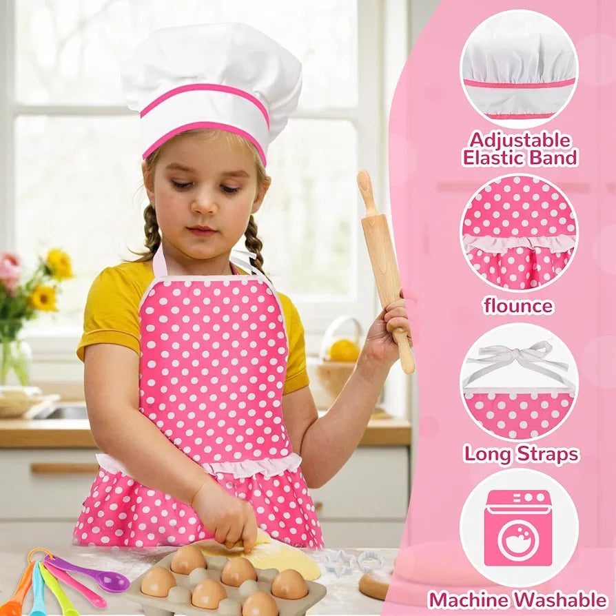 Kids Cooking Baking Set , Kids Kitchen Pretend Play Toys, Children Chef Role Play Costume Set - Chef Hat and Matching Pink Apron, Birthday Xmas Gifts for 3-8 Year Old Girls Toys