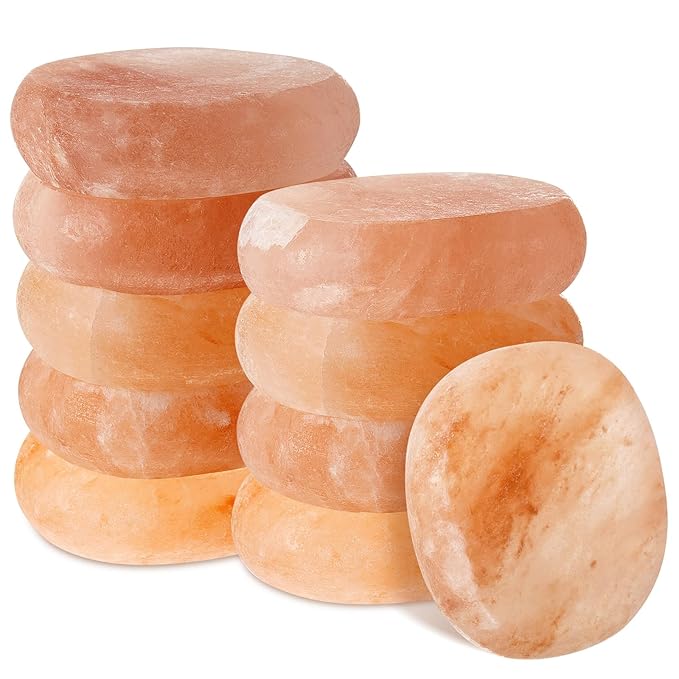 10 Pcs Premium Flat Oval Himalayan Salt Massage Stones - Natural Pink Crystal, Hand-Carved for Spa Therapy & Deep Relaxation