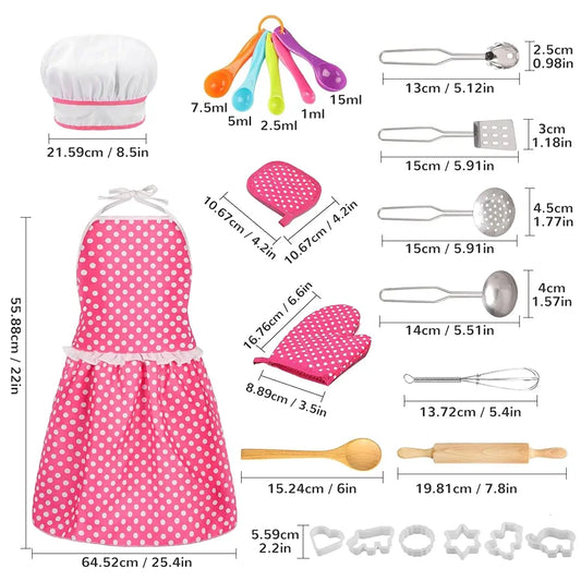 Kids Cooking Baking Set , Kids Kitchen Pretend Play Toys, Children Chef Role Play Costume Set - Chef Hat and Matching Pink Apron, Birthday Xmas Gifts for 3-8 Year Old Girls Toys