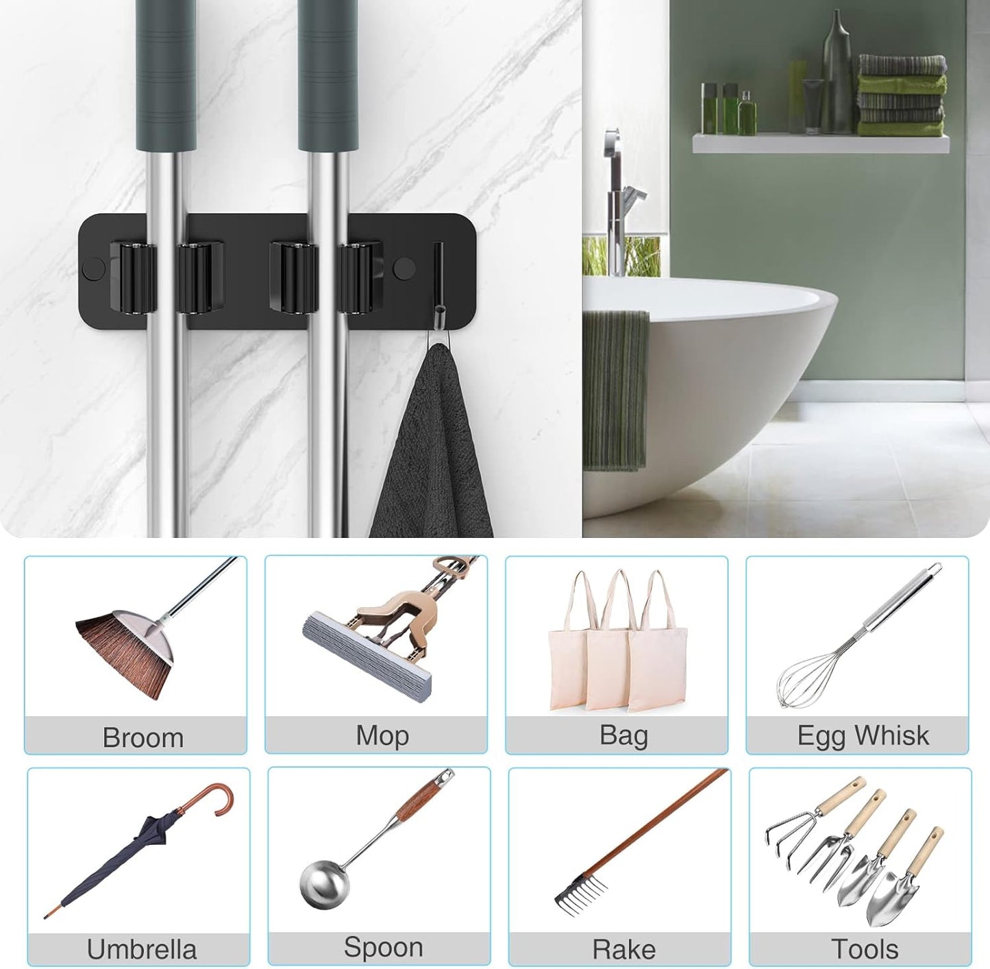 HomEasy Wall Mount Mop and Broom Holder,| 2-Pack, 2-in-1