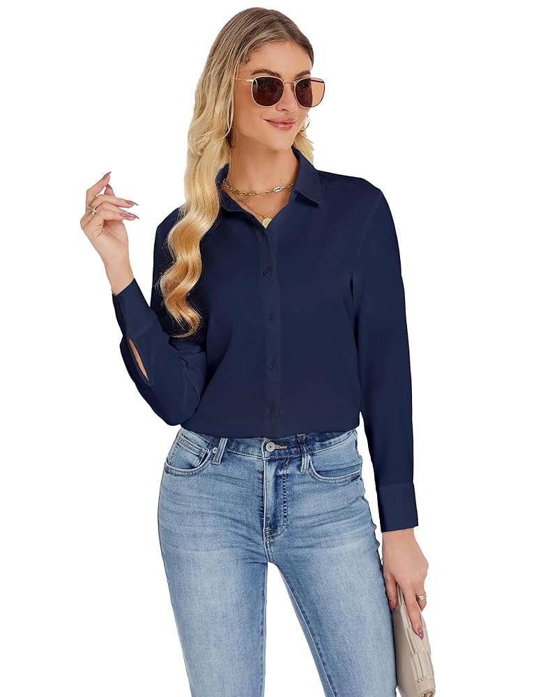 JTD Women's Wrinkle-Free Chiffon Blouses - Stylish Long Sleeve Collared Shirts for Work & Casual Wear