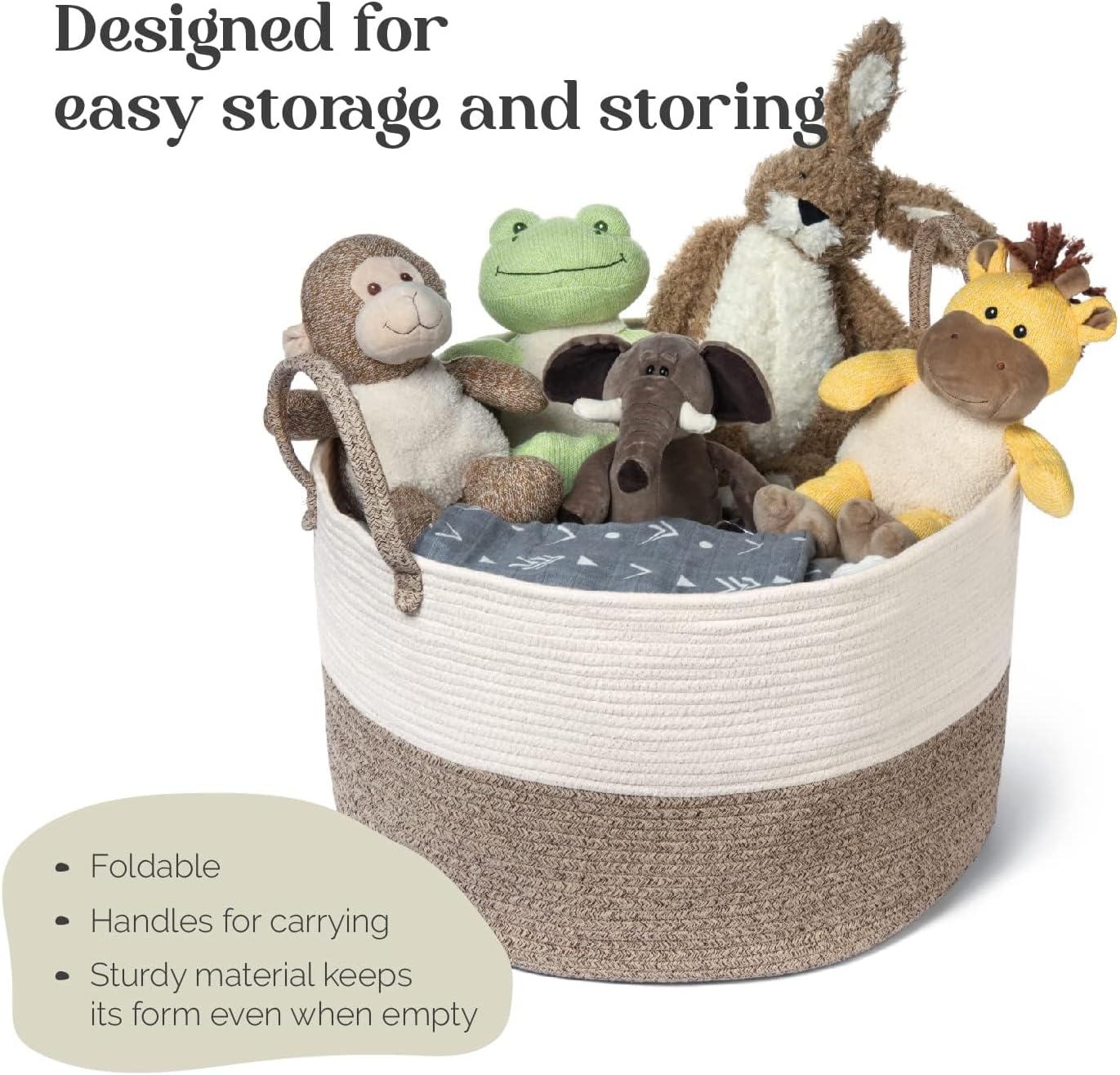 Luxury Little XXXL Nursery Storage Basket, 22 x 22 x 14 inches - 100% Cotton Rope Basket with Handles, Laundry Basket for Toys, Blankets and Pillows - Off White & Beige