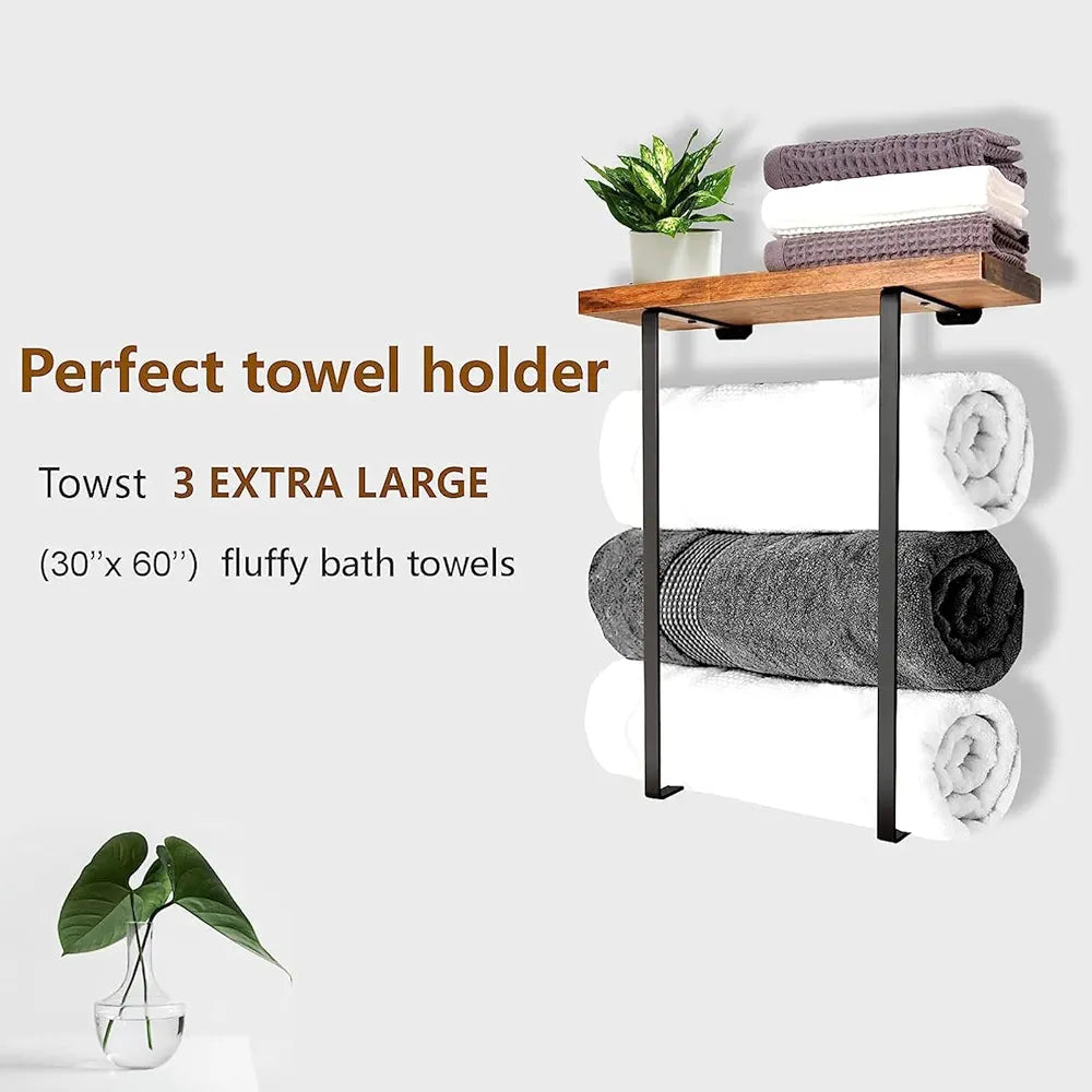 Towel Racks for Bathroom Bathroom Towel Rack Wall Mounted with L-Shaped Design Metal Towel Rack Metal Towel Holder with Wooden Shelf for Folding Large Towels Brown
