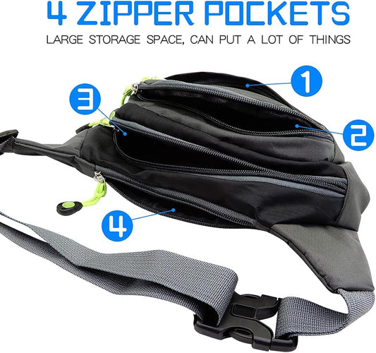 Workout Waist Pack, Running Belt Fanny Bag for Sports Traveling, Lightweight Casual Hands-Free Wallet Crossbody All Phone Storage Carrying Adjustable Strap Pouch, 4 zipper pockets Black & Blue
