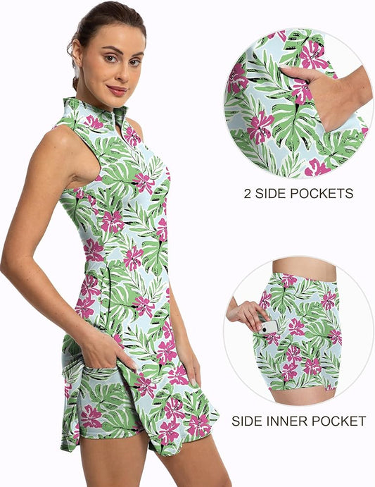 Tennis Dress for Women Athletic Golf Dress with Built in Separate Shorts Backless Workout Dress with Adjustable Straps Red Flowers