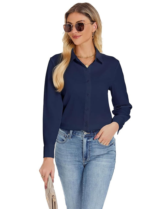 JTD Women's Wrinkle-Free Chiffon Blouses - Stylish Long Sleeve Collared Shirts for Work & Casual Wear