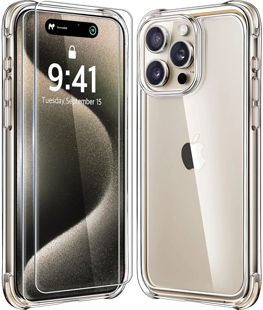 Mkeke Premium Clear Case for iPhone 15 Pro Max - Unyellowing, Military-Grade Drop Protection with 2 Screen Protectors
