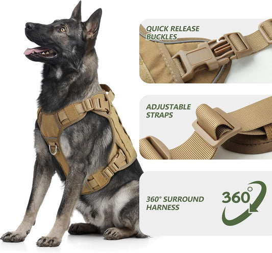 Tactical Dog Harness No-pull, adjustable, with handle, Molle & loop panels, Khaki, Medium.