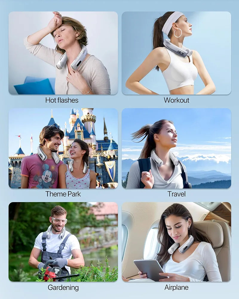 Portable Neck Fan - 4 Turbines Neck Fan Rechargeable 7000mAh, Cooling Neck Fan with Necksupport, Bladeless Personal Fan with LED Display, Quiet 360° Airflow for Hot Flashes, Travel