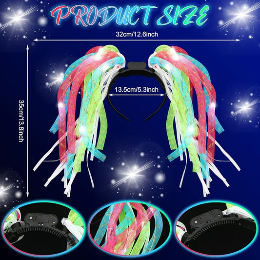 Jexine 4 Pack Light up Noodle Rave Headband LED Springy Mesh Noodle Headband Accessory for Birthday Dance Nightly Parades