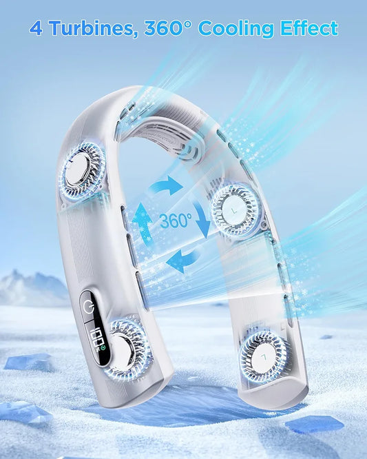 Portable Neck Fan - 4 Turbines Neck Fan Rechargeable 7000mAh, Cooling Neck Fan with Necksupport, Bladeless Personal Fan with LED Display, Quiet 360° Airflow for Hot Flashes, Travel