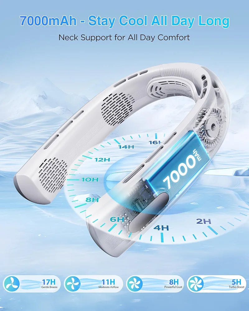 Portable Neck Fan - 4 Turbines Neck Fan Rechargeable 7000mAh, Cooling Neck Fan with Necksupport, Bladeless Personal Fan with LED Display, Quiet 360° Airflow for Hot Flashes, Travel