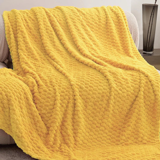 Super Soft Fleece Twin Blanket 50x70 Inches for Couch, Premium Silky with 3D Imitation Turtle Shell Jacquard Decorative Blankets, Lightweight and Cozy for Sofa.Yellow