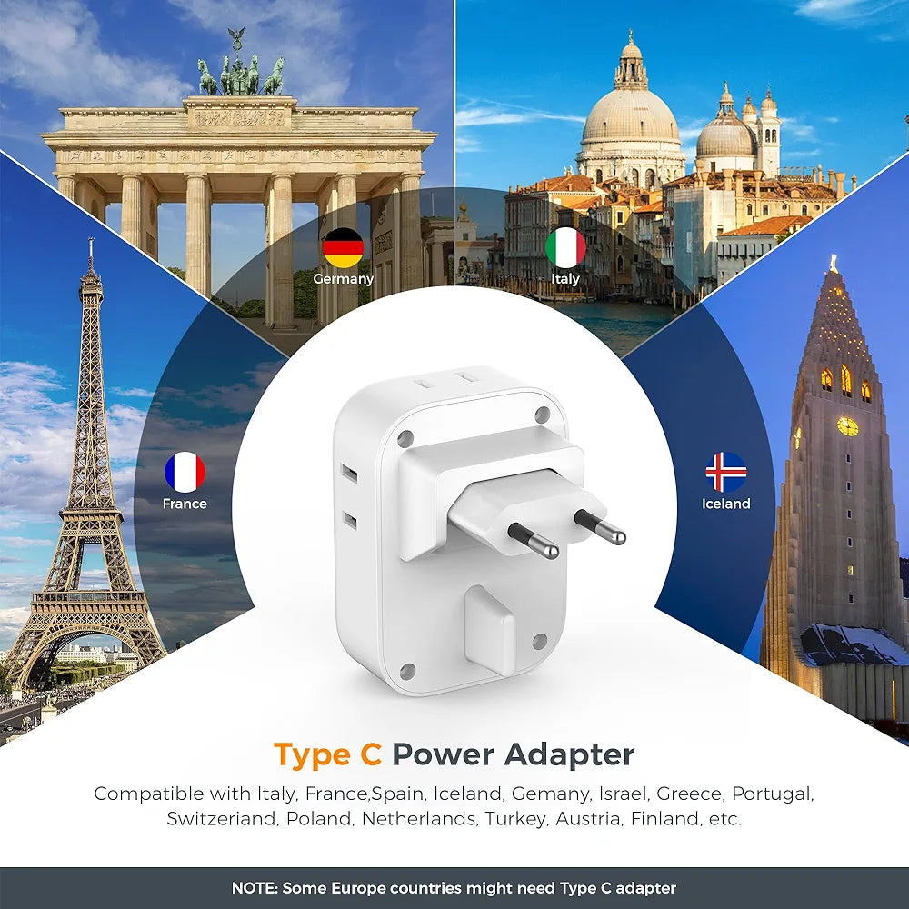 TESSAN All-in-One European Travel Adapter: Power 4 Devices Simultaneously with 4 Outlets & 3 USB Ports - Compact, Foldable, Type C Plug for EU, Spain, France, Italy, Germany, Iceland