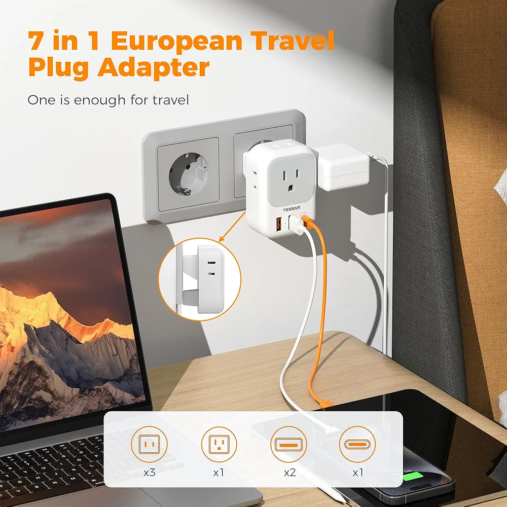 TESSAN All-in-One European Travel Adapter: Power 4 Devices Simultaneously with 4 Outlets & 3 USB Ports - Compact, Foldable, Type C Plug for EU, Spain, France, Italy, Germany, Iceland
