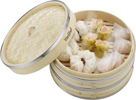 VonShef Premium 2 Tier Bamboo Steamer with Stainless Steel Banding Includes 2 Pairs of Chopsticks and 50 Wax Steamer Liners, Perfect For Steaming Dim Sum Dumplings Buns Vegetables Fish Rice, 10 Inches