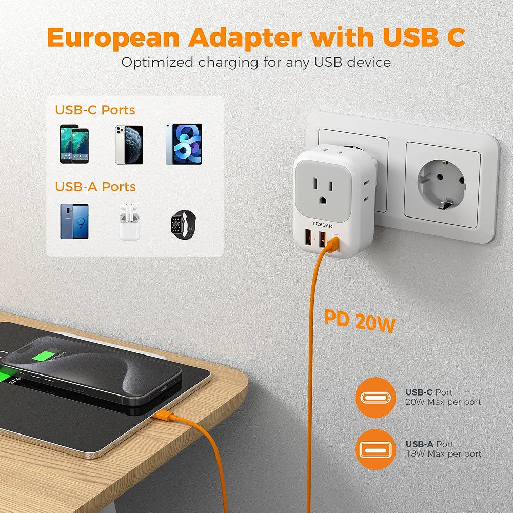 TESSAN All-in-One European Travel Adapter: Power 4 Devices Simultaneously with 4 Outlets & 3 USB Ports - Compact, Foldable, Type C Plug for EU, Spain, France, Italy, Germany, Iceland
