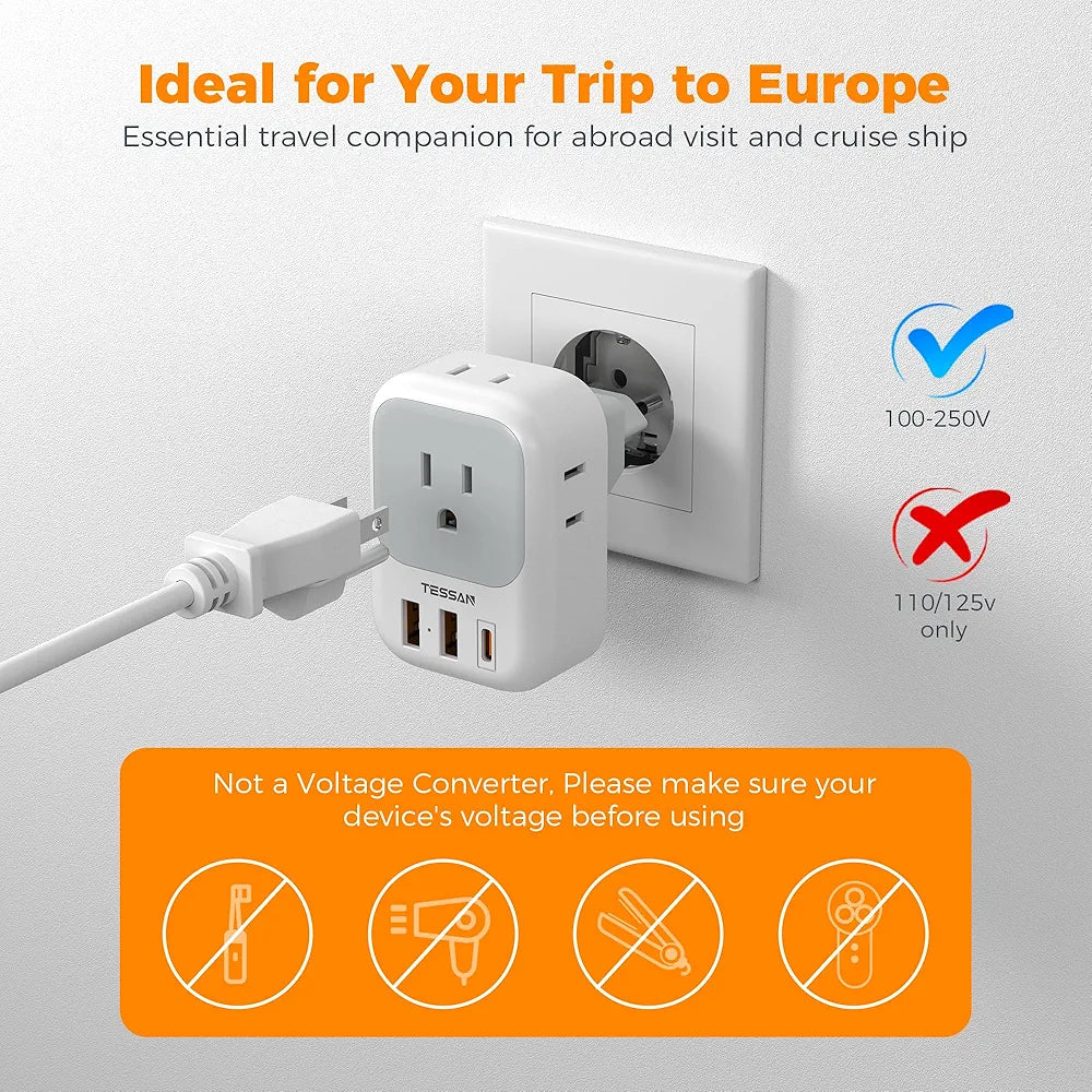TESSAN All-in-One European Travel Adapter: Power 4 Devices Simultaneously with 4 Outlets & 3 USB Ports - Compact, Foldable, Type C Plug for EU, Spain, France, Italy, Germany, Iceland