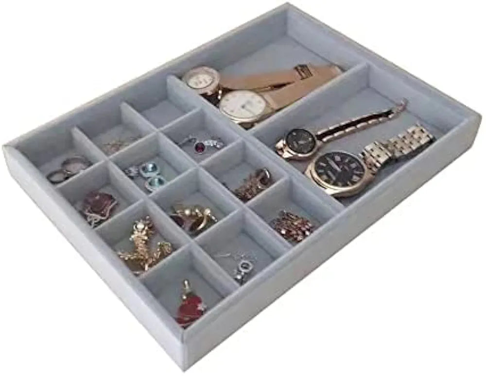 Svea Display Gryy Velvet Stackable Organizer Premium Quality Tray Drawer Inserts Divider Multi Functional Storage Closet Hallway Vanity
