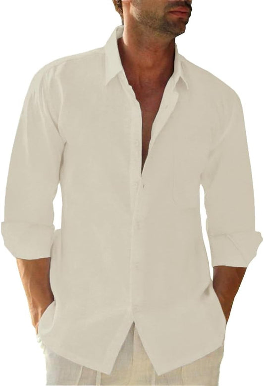 Button Down Linen Shirts for Men Casual Long Sleeve Regular Fit Cotton Beach Shirts with Pocket