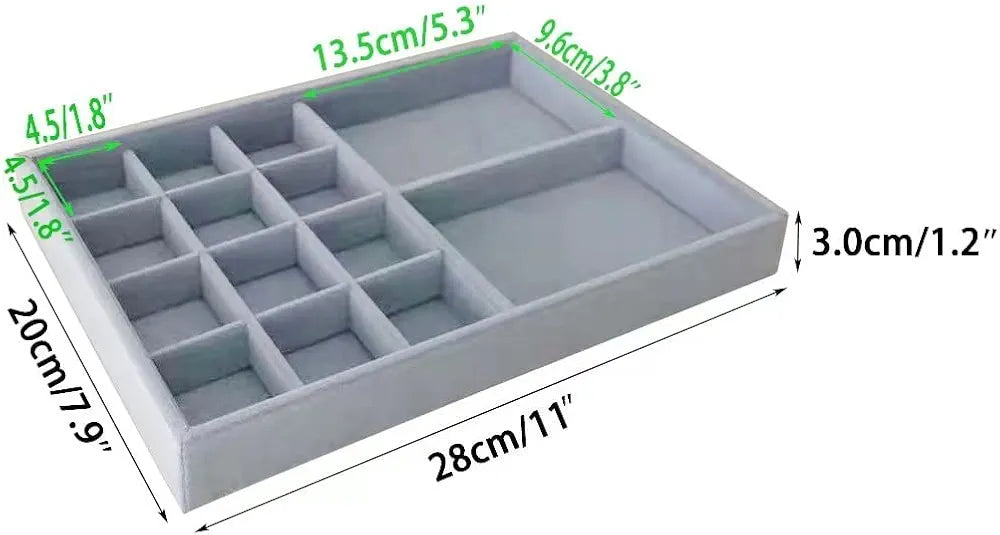 Svea Display Gryy Velvet Stackable Organizer Premium Quality Tray Drawer Inserts Divider Multi Functional Storage Closet Hallway Vanity