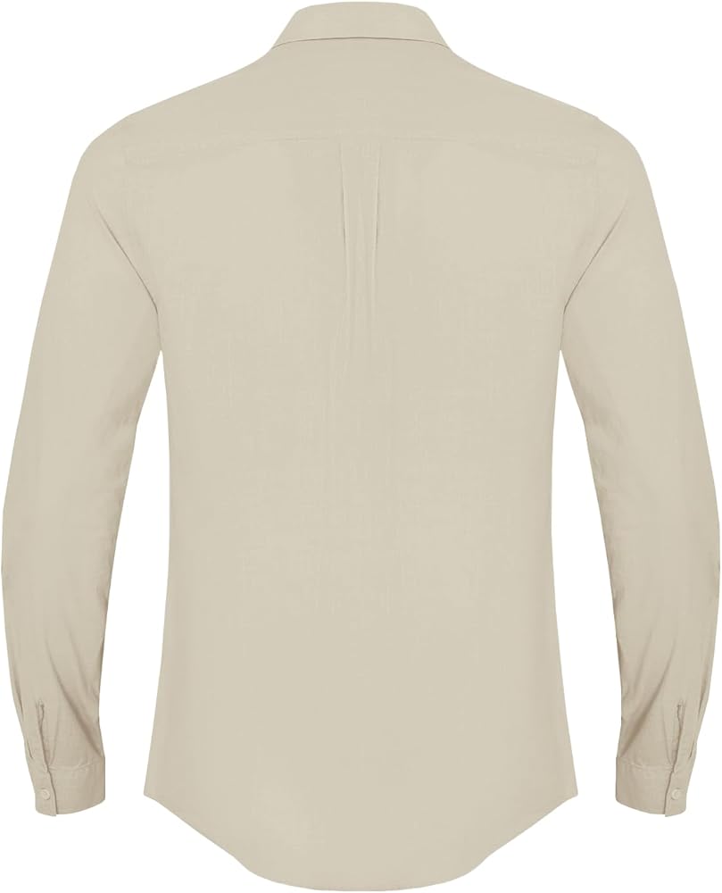 Button Down Linen Shirts for Men Casual Long Sleeve Regular Fit Cotton Beach Shirts with Pocket