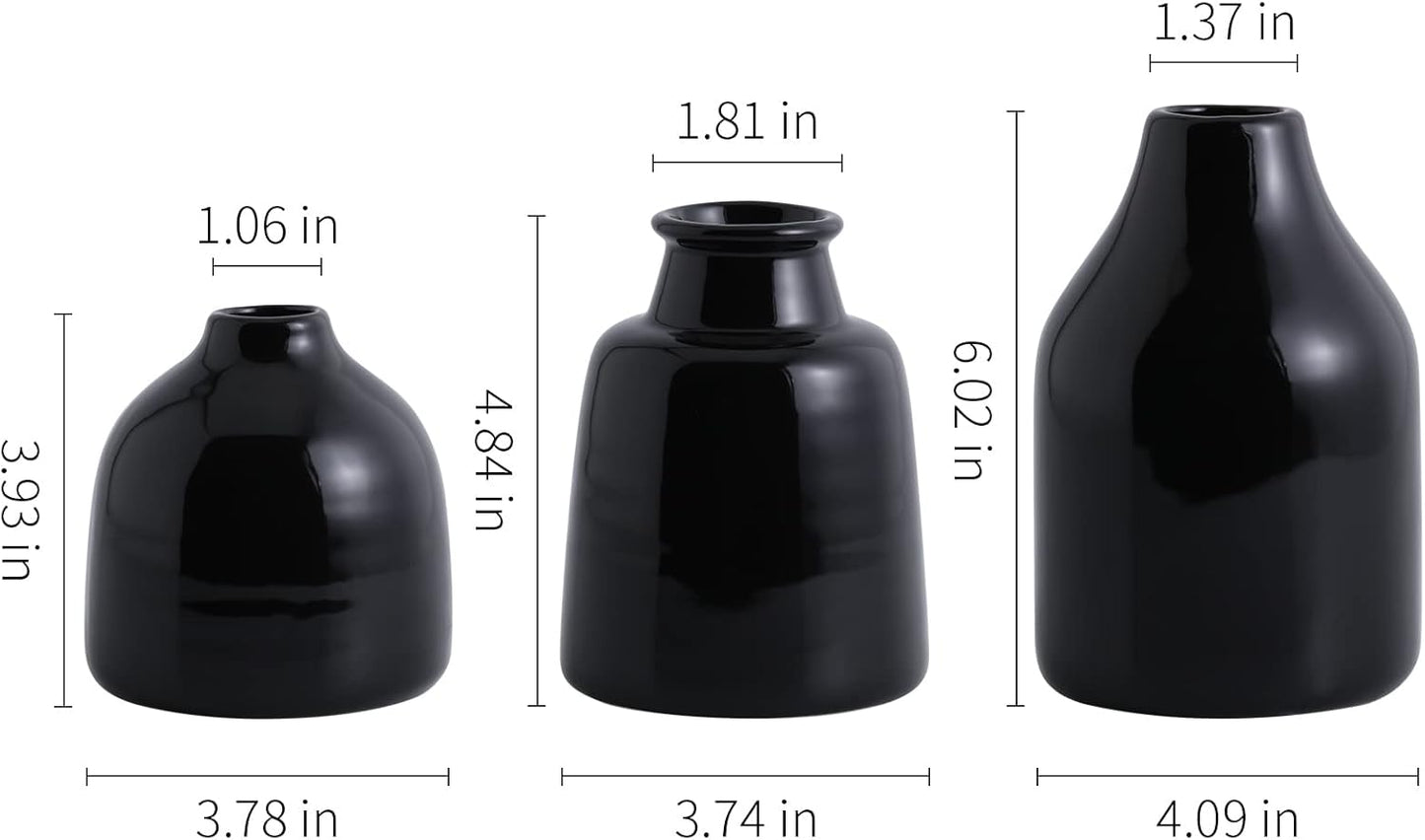 Matte Black Set of 3 Small Ceramic Bottle Vases