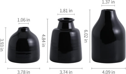 Matte Black Set of 3 Small Ceramic Bottle Vases