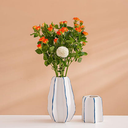 CLYANCE Ceramic Vase, Set of 2 White Hand Painted Line Boho Vases