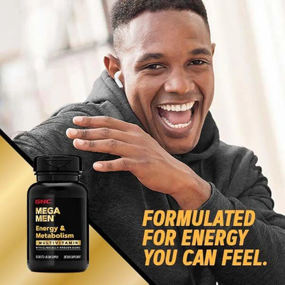 GNC Mega Men Energy & Metabolism Multivitamin Caplets, Clinically Proven To Feel Better, Calorie Burn, Focus, 100mg Caffeine, Thermogenic, Immune, B Vitamins, Timed Release, 180 Count, 90 Day Supply