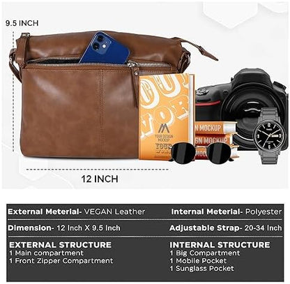 Leather Cross Body Bag Women | Tan | Adjustable Strap | Shoulder Bags For Women | Cross Over Purse | Multiple Compartment, Tan Alpha, Casual