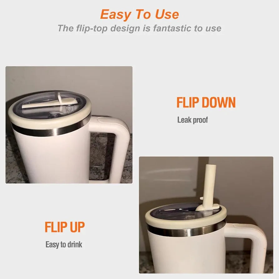 2 Pack Flip Straw Leak Proof Lid for Stanley 40 oz Tumbler Quencher - 40oz Reusable Spill Proof Lid Top Cover Stanley Cup Accessories - Replacement of Leaking Original Stanley Lids - Beige