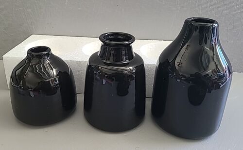 Matte Black Set of 3 Small Ceramic Bottle Vases