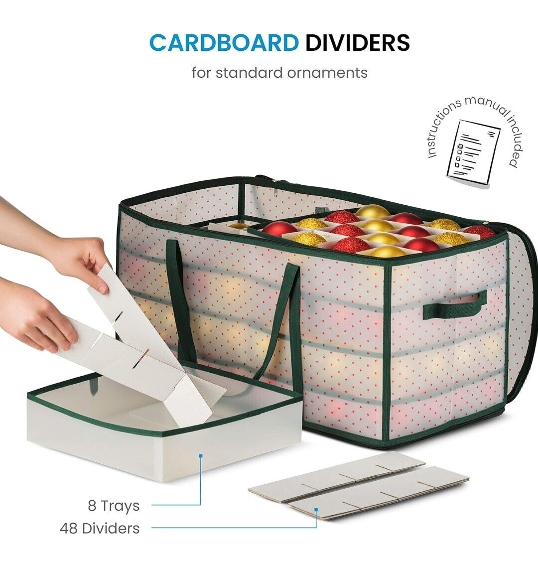 ZOBER Christmas Ornament Storage Box - Stores 128 Ornaments W/ 2 Sided Zipper 