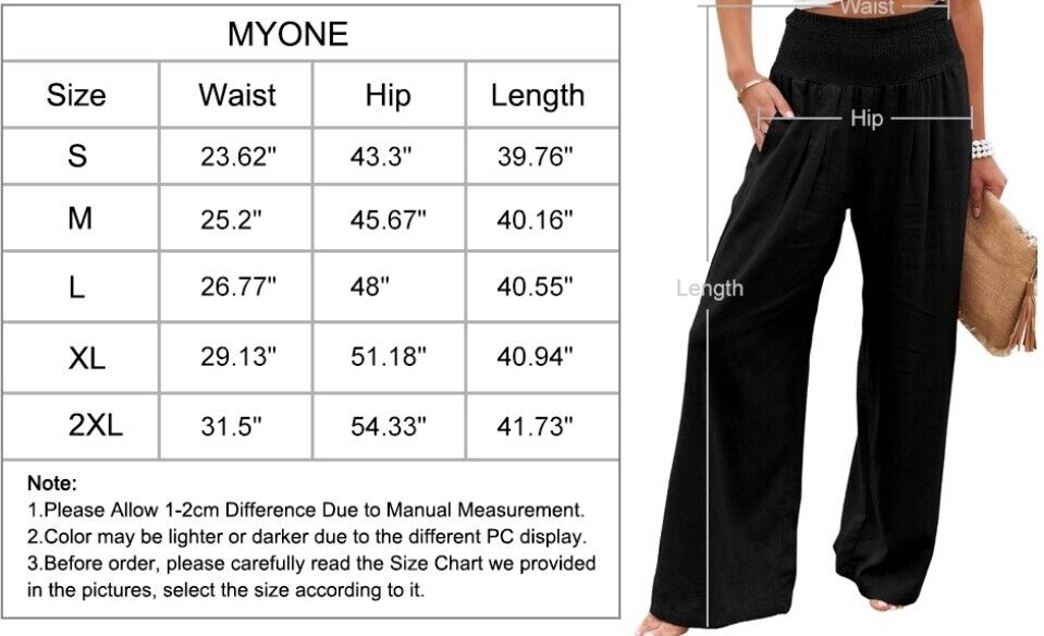 MYONE Women's Linen Wide Leg Pants Lounge Elastic High Waist Smocked Trousers...
