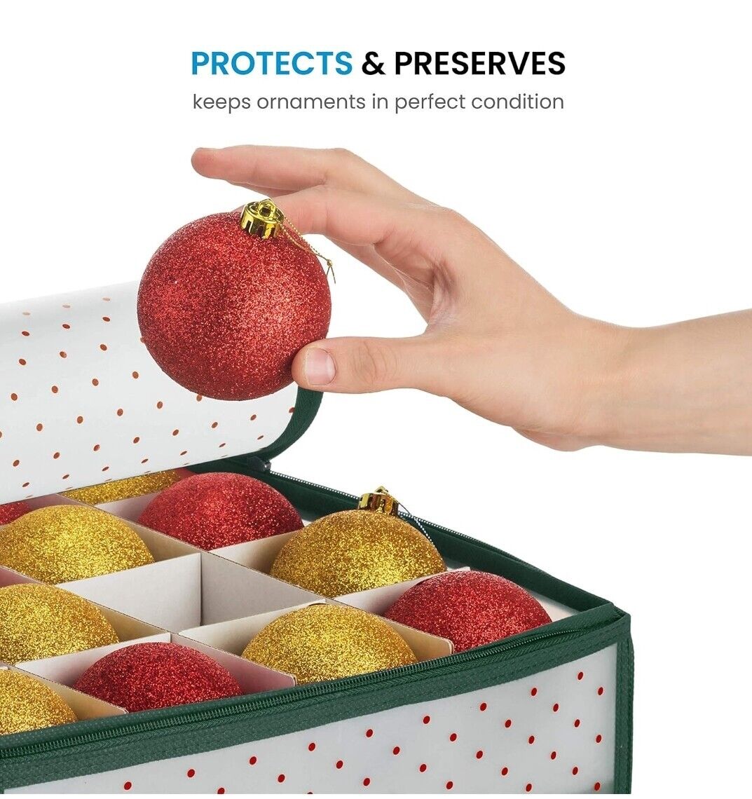 ZOBER Christmas Ornament Storage Box - Stores 128 Ornaments W/ 2 Sided Zipper 
