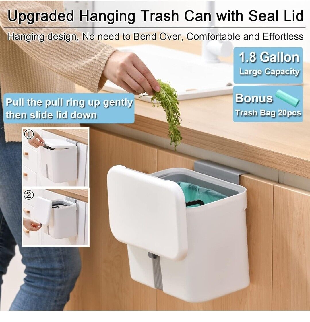 Upgraded Hanging Trash Can with Lid, 1.8 Gallon Kitchen Compost Bin