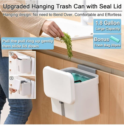 Upgraded Hanging Trash Can with Lid, 1.8 Gallon Kitchen Compost Bin