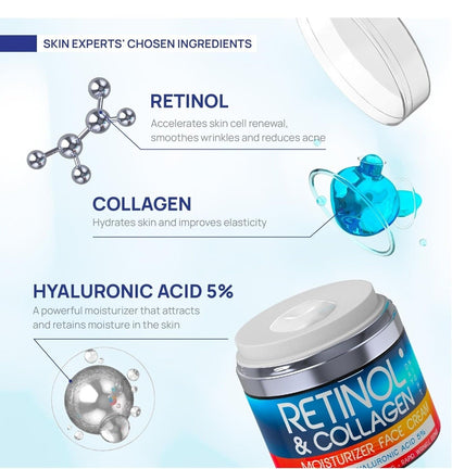 Retinol Cream for Face with Hyaluronic Acid, Day-Night Anti-Aging Moisturizer