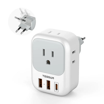 TESSAN All-in-One European Travel Adapter: Power 4 Devices Simultaneously with 4 Outlets & 3 USB Ports - Compact, Foldable, Type C Plug for EU, Spain, France, Italy, Germany, Iceland