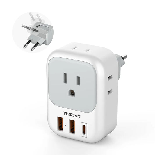 TESSAN All-in-One European Travel Adapter: Power 4 Devices Simultaneously with 4 Outlets & 3 USB Ports - Compact, Foldable, Type C Plug for EU, Spain, France, Italy, Germany, Iceland