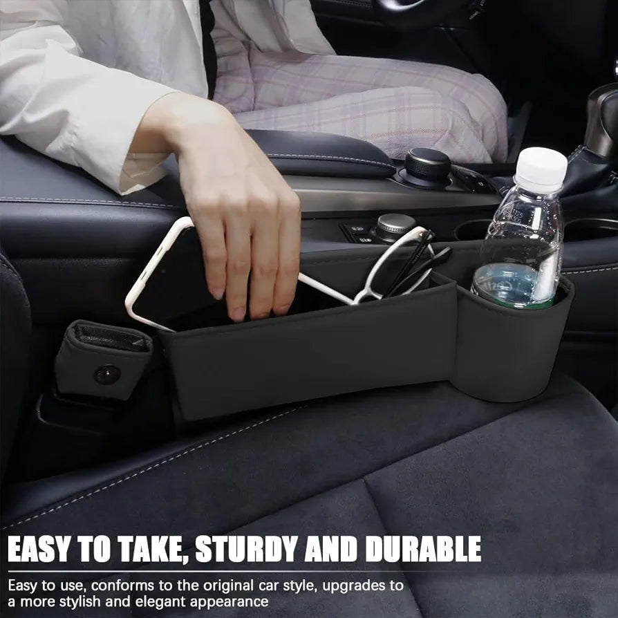 Car Seat Gap Filler Organizer with Cup Holder - Premium Leakproof Console Storage (Black, Passenger Side)
